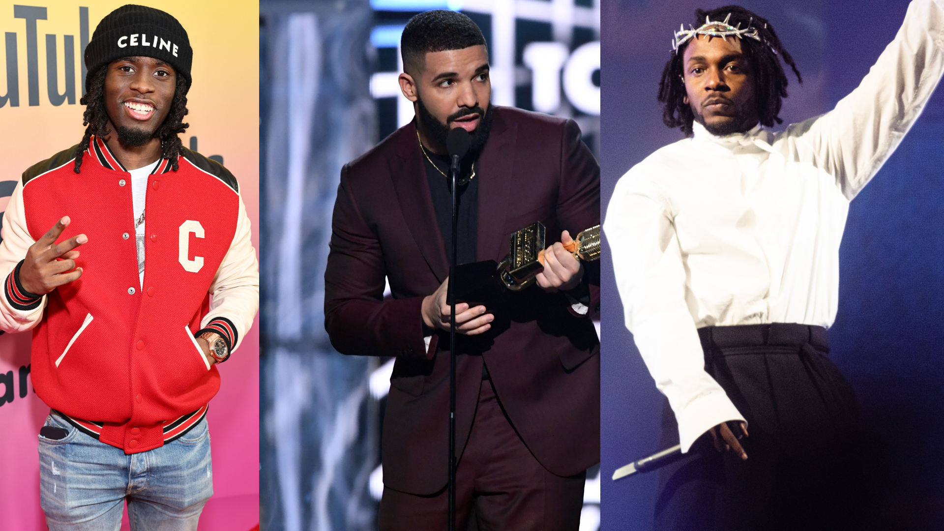 Three images: Kai in a red jacket and Celine hat, Drake in a suit holding an award, and Kendrick Lamar performing in a white outfit.