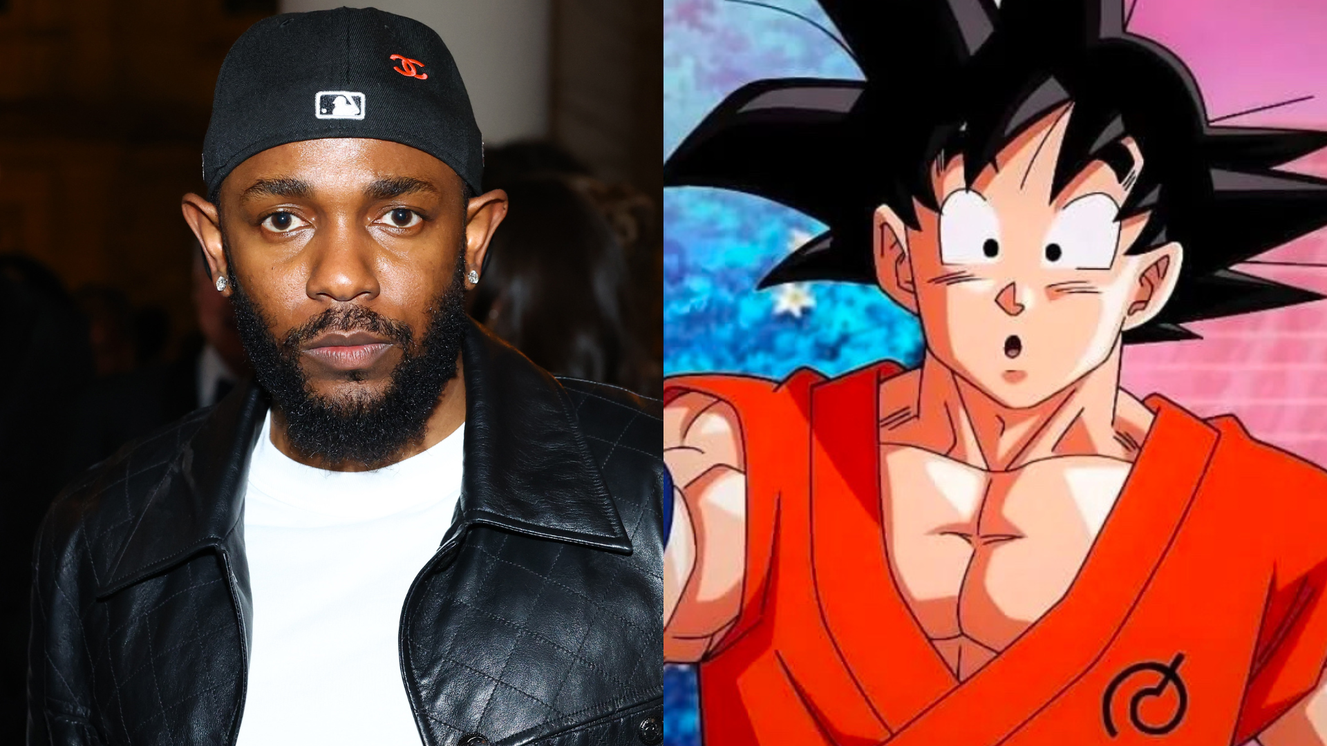 Kendrick Lamar wearing a black cap and leather jacket next to the animated character Goku from Dragon Ball in an orange gi.