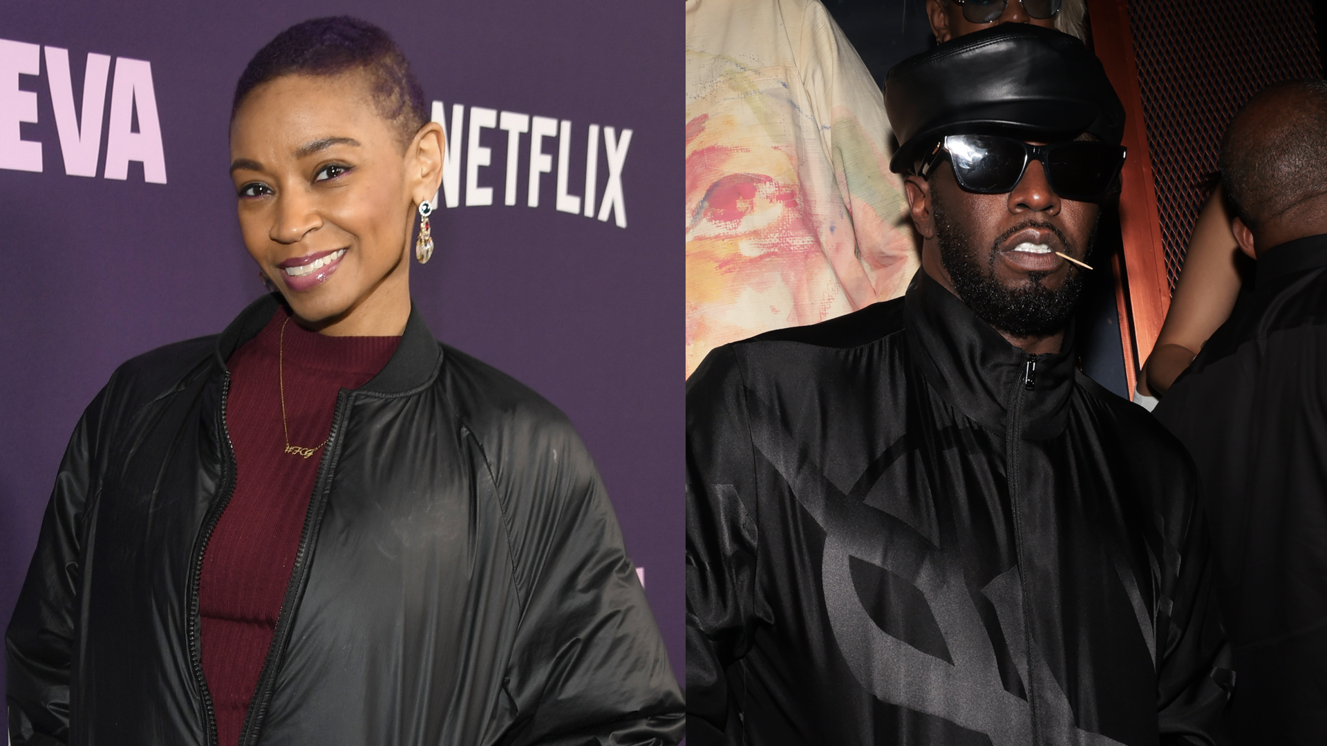 D Woods attends the Girls5Eva S3 New York Premiere at Paris Theater on March 07, 2024 in New York City/Diddy attends "The Love Album" Listening Party on September 07, 2023 in New York City.