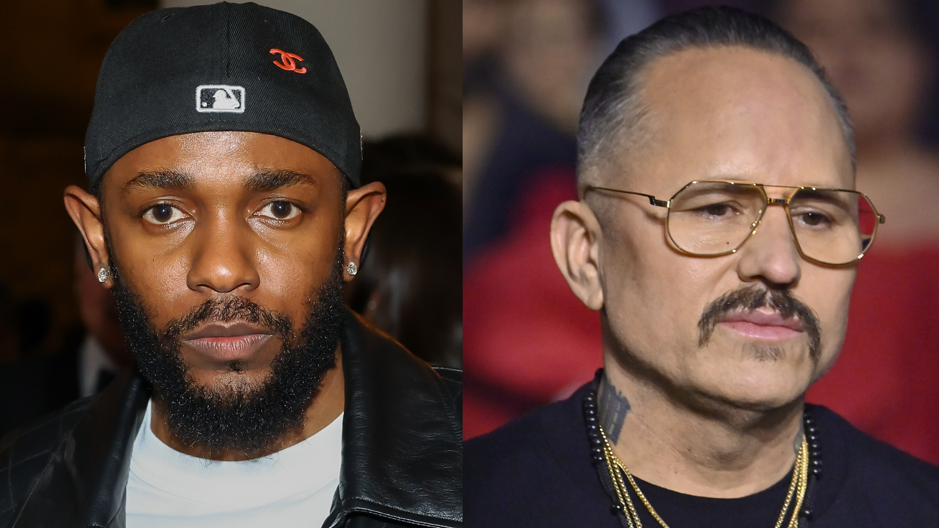 Kendrick on the left wears a black cap and leather jacket, and Willy on the right has glasses and a mustache.