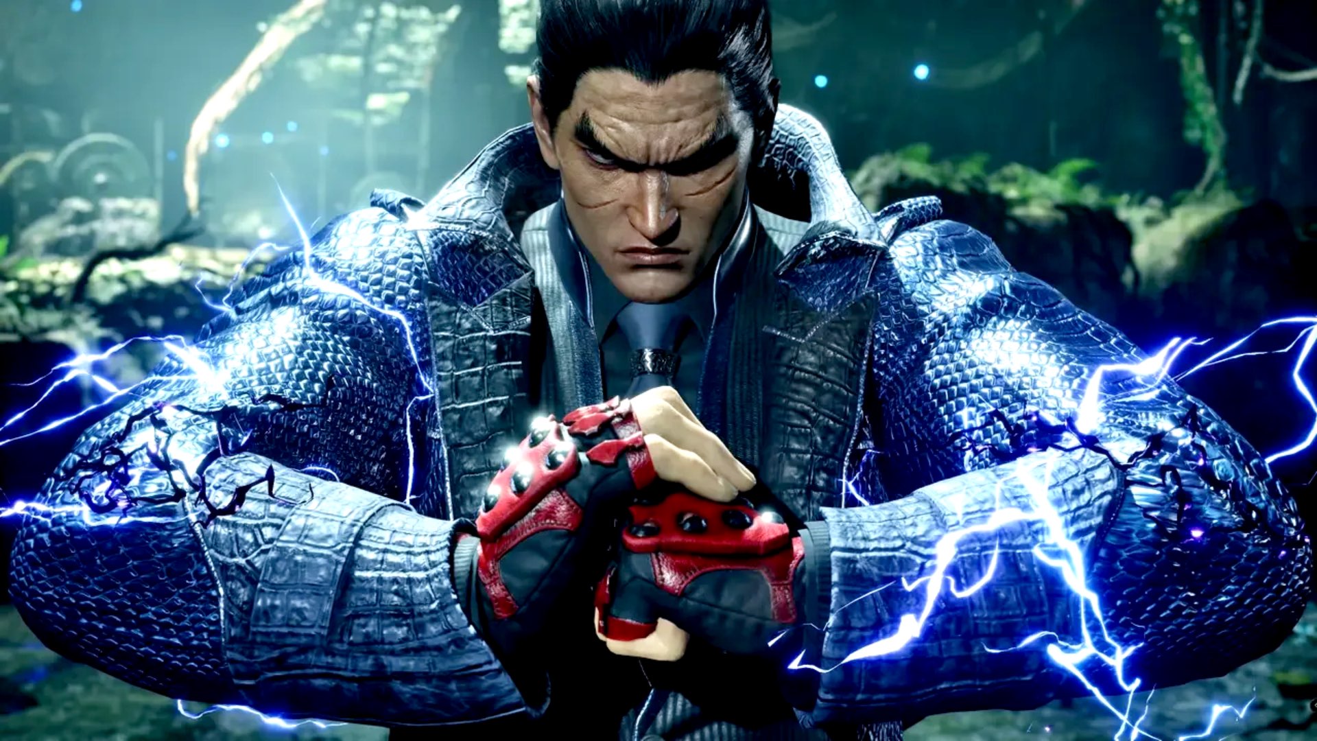 Tekken 8 antagonist Kazuya Mishima cracks his knuckles while wearing a purple trench coat as purple lightning wraps his forearms.