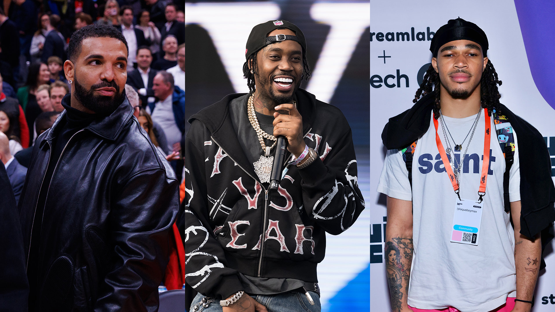 Drake, Fivio Foreign, and PlaqueBoyMax in a split image.