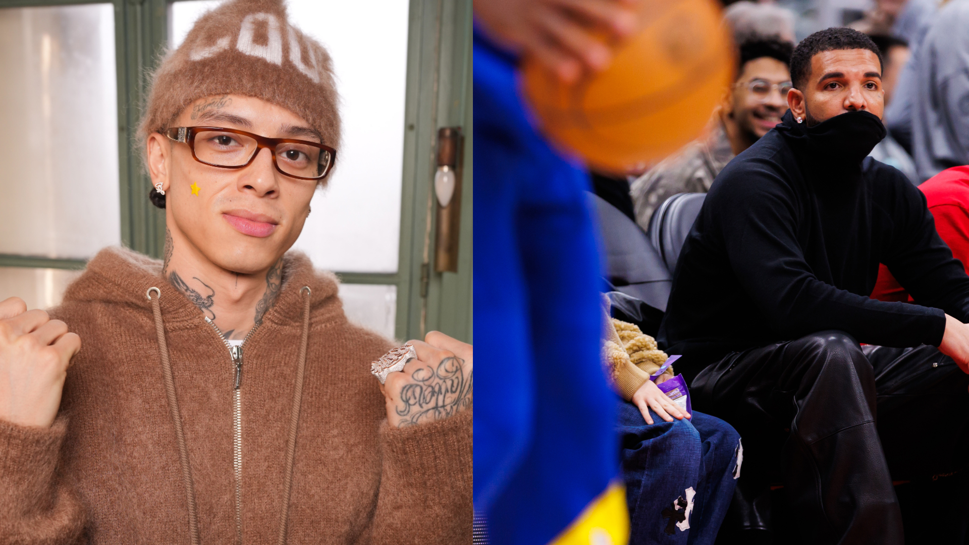 (L) Central Cee in a brown outfit and glasses. (R) Drake in a black outfit sitting courtside at a basketball game.