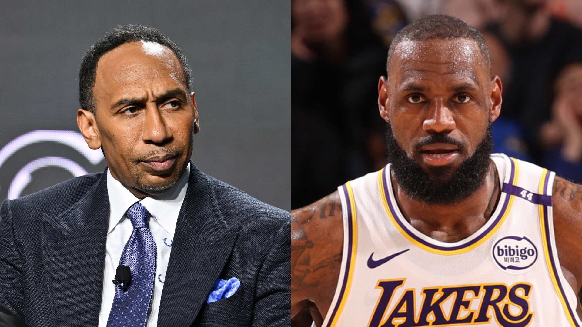 Stephen A. Smith, wearing a suit, and LeBron James in a Lakers jersey, are side by side.