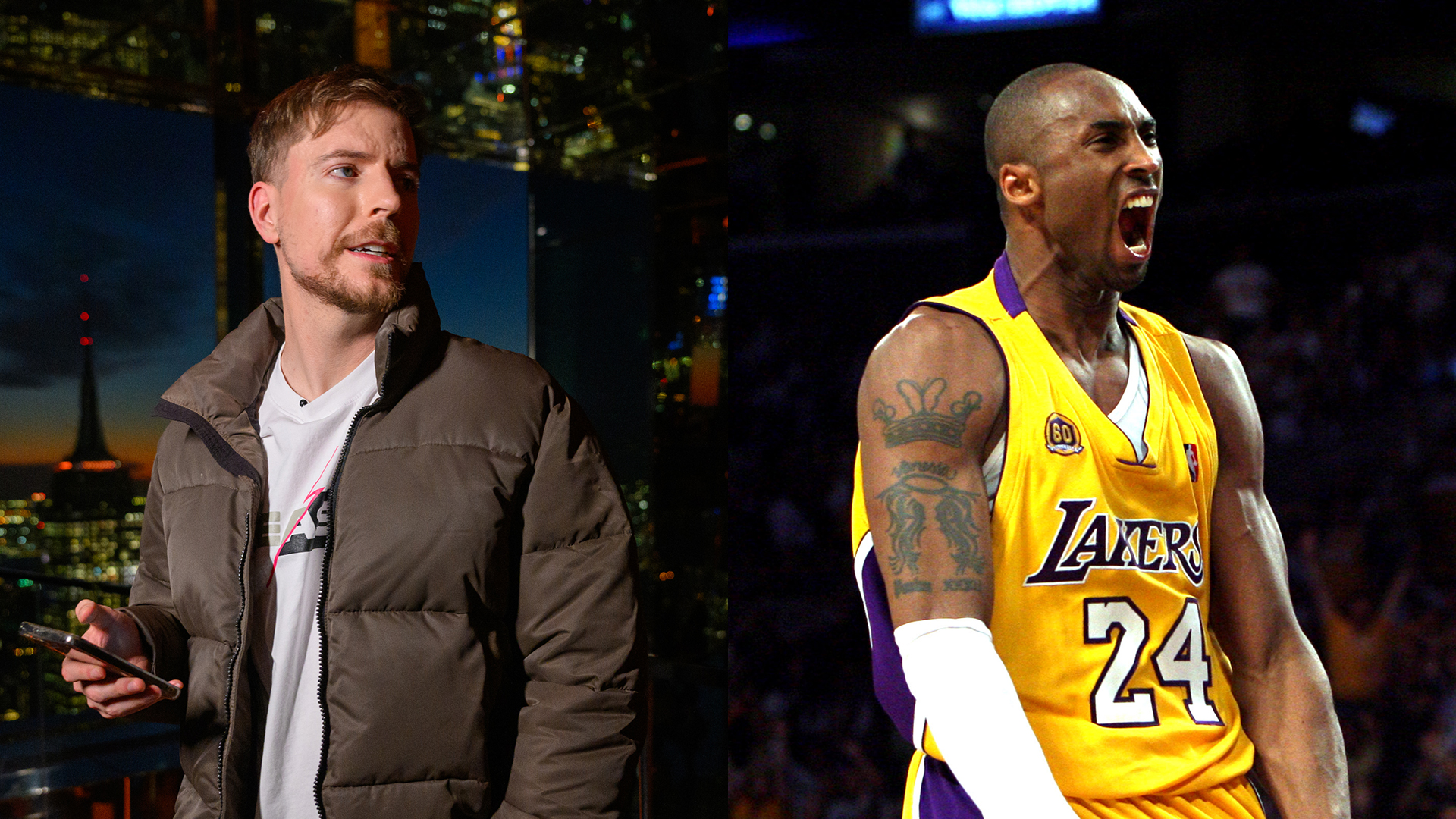 (L) MrBeast holding a cell phone and wearing a brown puffer jacket. (R) Kobe Bryant with his mouth forming as a yell while wearing a Lakers jersey.