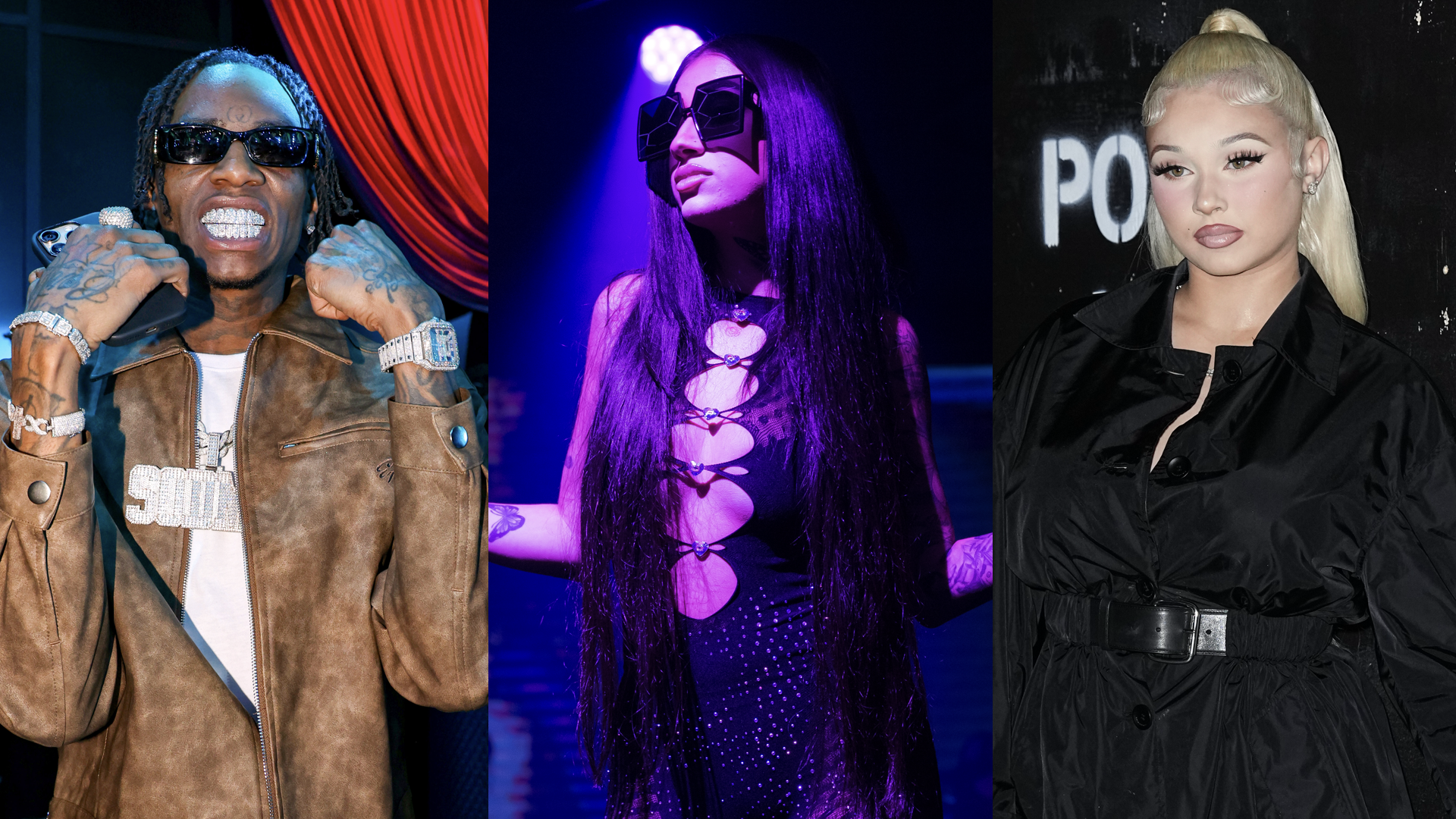 (L) Soulja Boy attends the BET Hip Hop Awards 2024 at Drai's Beachclub & Nightclub on October 08, 2024 in Las Vegas, Nevada. (Center) Danielle Bregoli, known professionally as Bhad Bhabie, performs onstage during TBT Magazine Social Media Edition Powered By Berman Law at Sway Nightclub on August 26, 2022 in Fort Lauderdale, Florida. (R) Alabama Barker attends the Alexander Wang Runway Show on June 05, 2024 in New York City.