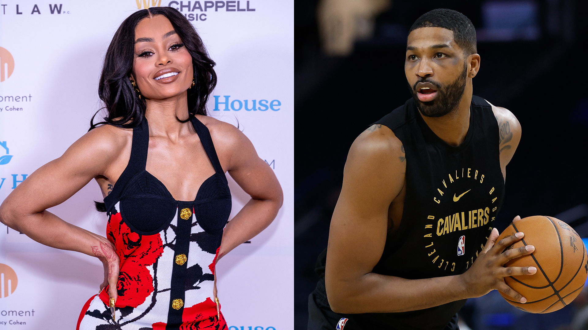 Angela White aka Blac Chyna in a split image with Tristan Thompson.