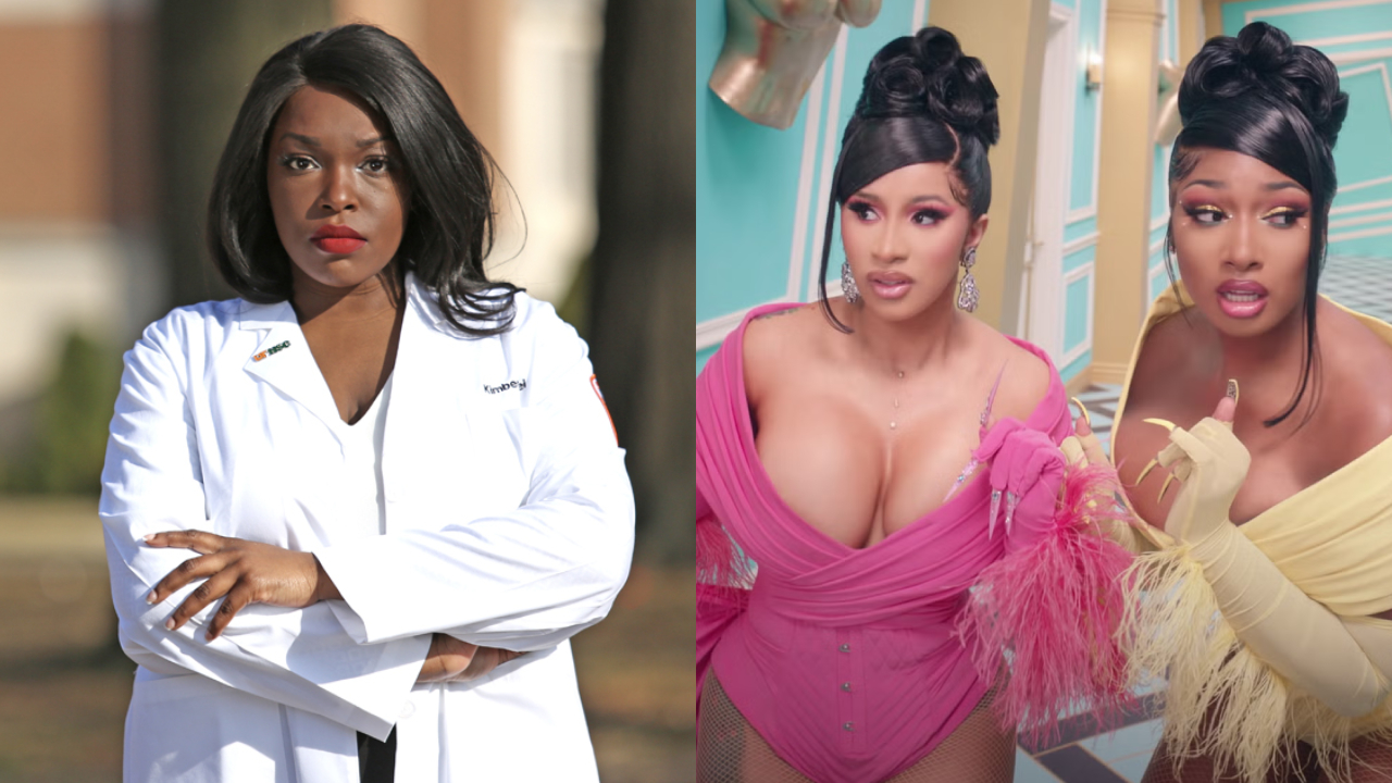 (L) Former University of Tennessee pharmacy student Kimberly Diei in a white coat stands with arms crossed. (R) Cardi B and Megan Thee Stallion are dressed in colorful outfits from the "WAP" music video.