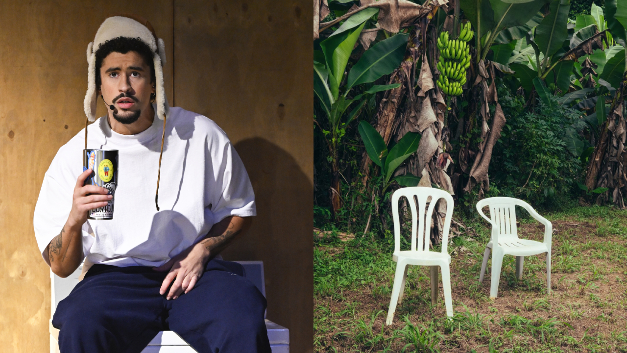 Bad Bunny wearing a winter hat and holding a drink can, sitting against a wooden background. Next to him, two white plastic chairs in a lush garden.