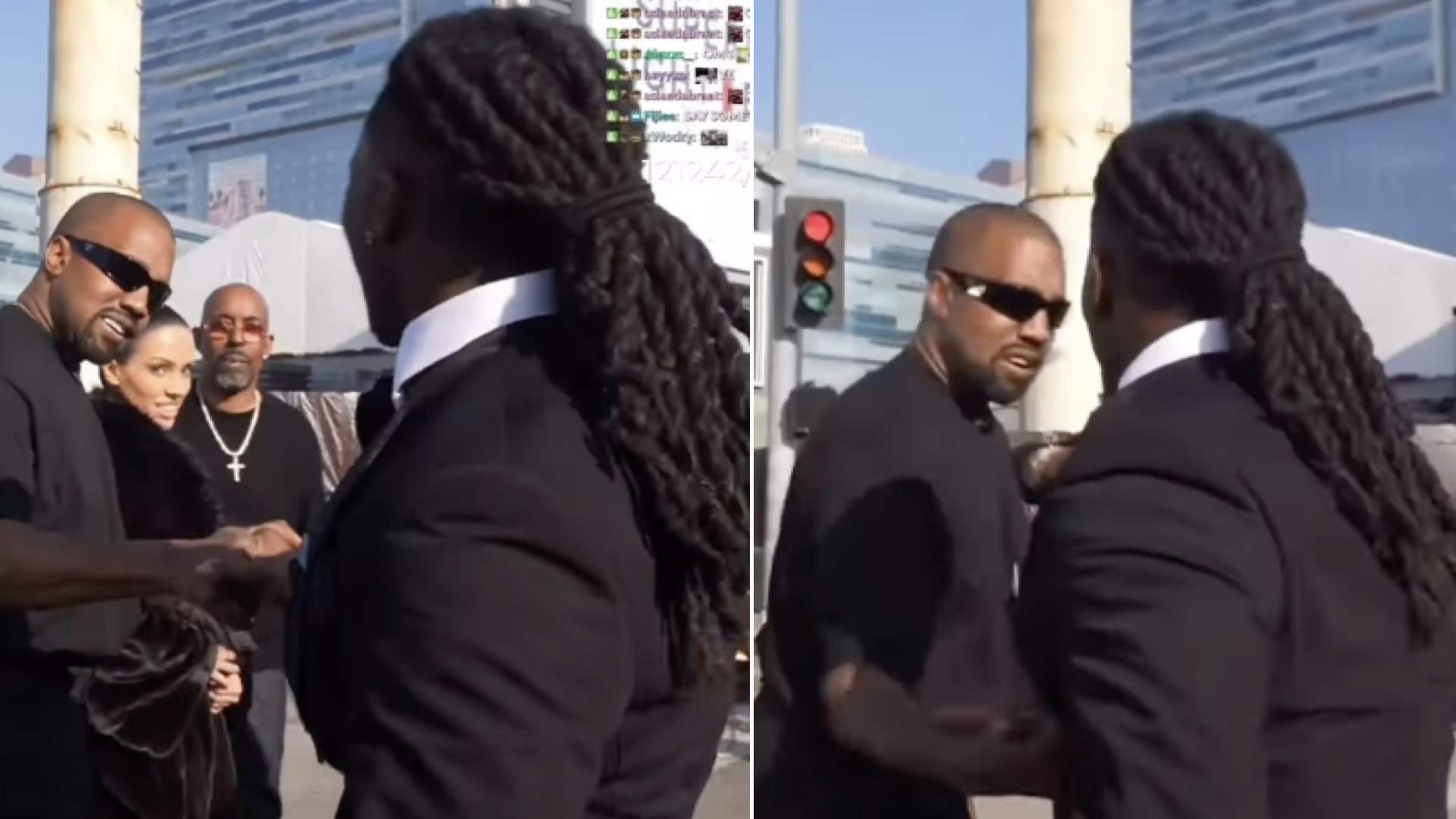 Kanye West in sunglasses, outdoors, shaking hands with Kai Cenat. Bianca Censori another man stand nearby.