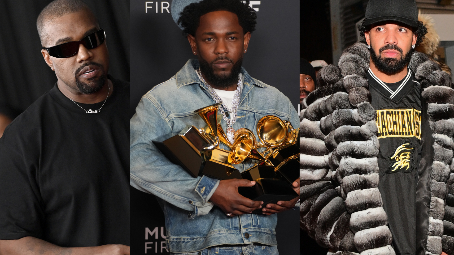 Kanye West in sunglasses, Kendrick Lamar holding Grammy awards, and Drake in a fur coat and hat.