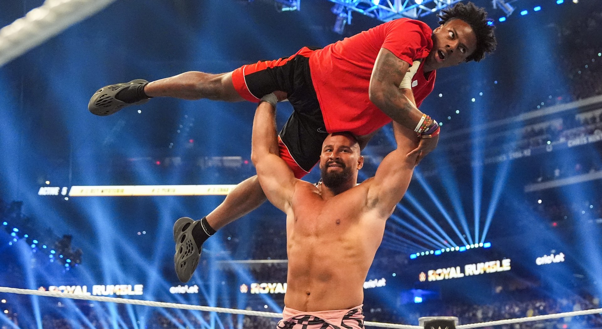 Bron Breakker holds IShowSpeed above his head during the WWE Royal Rumble at Lucas Oil Stadium on February 1 in Indianapolis, Indiana.