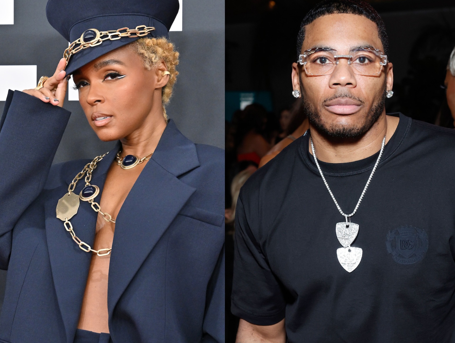 Janelle Monáe in a stylish navy outfit with a chain and hat, and Nelly wearing glasses and a black shirt with silver necklaces.