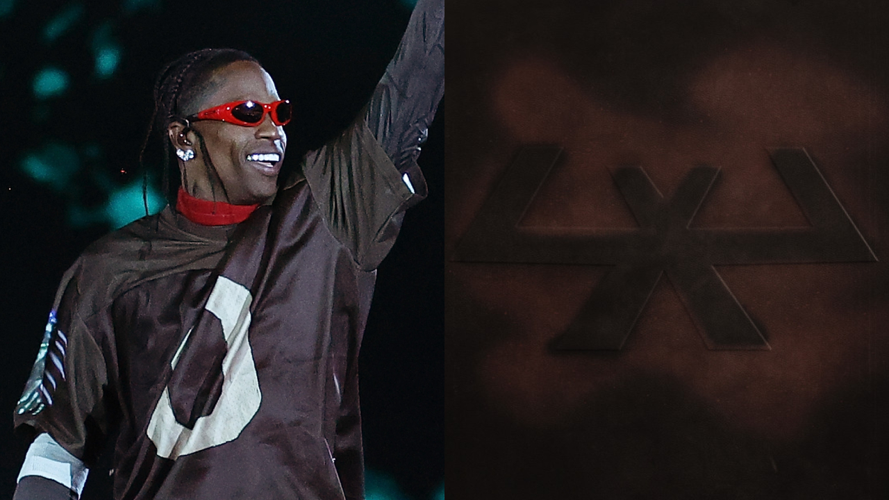 Travis Scott performing on stage, wearing red sunglasses and a dark outfit, raising his arm. The right side shows his single art for "4x4" featuring a dark abstract design.