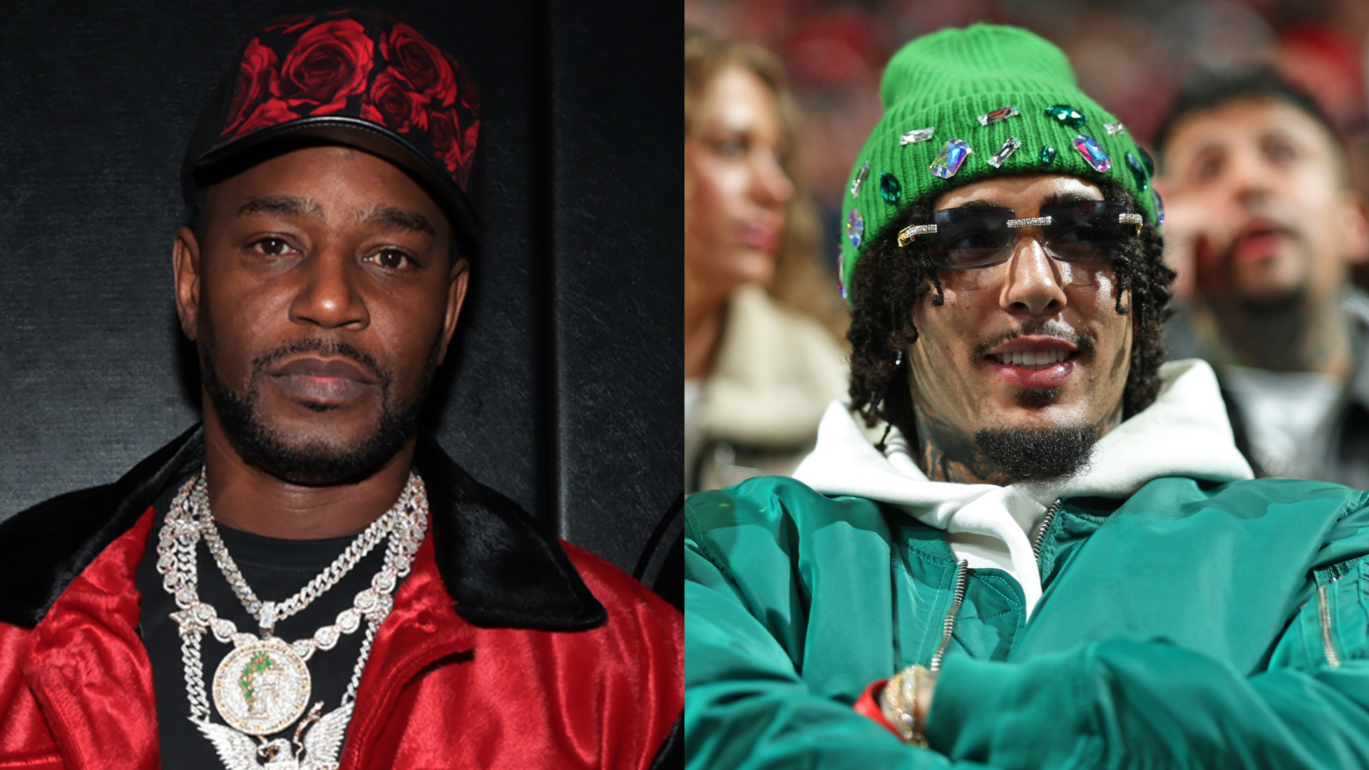 Two men are pictured side by side. The man on the left wears a red jacket and hat, with necklaces. The man on the right wears a green beanie and sunglasses.