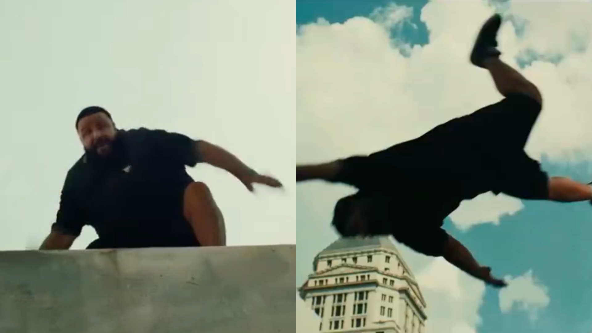 A man in black clothing appears to be jumping or falling from a ledge with a building and cloudy sky in the background.
