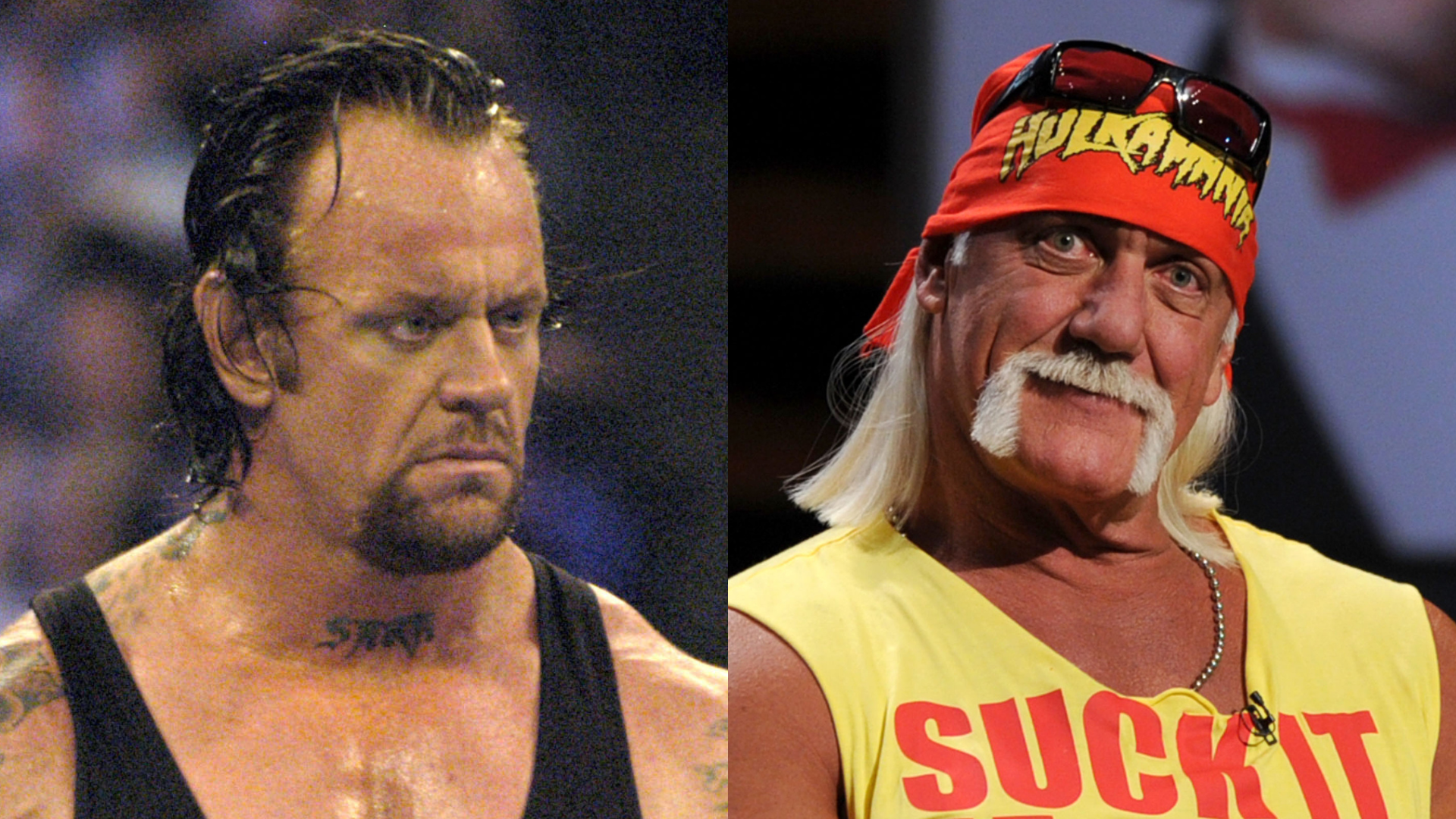 The image shows The Undertaker on the left, wearing a black tank top, and Hulk Hogan on the right, in a yellow "Hulkamania" bandana and shirt.