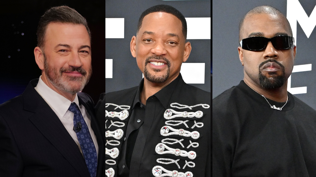 Split image. Left: Jimmy Kimmel in a suit. Center: Will Smith in a decorative jacket. Right: Kanye West wearing sunglasses and a black shirt.