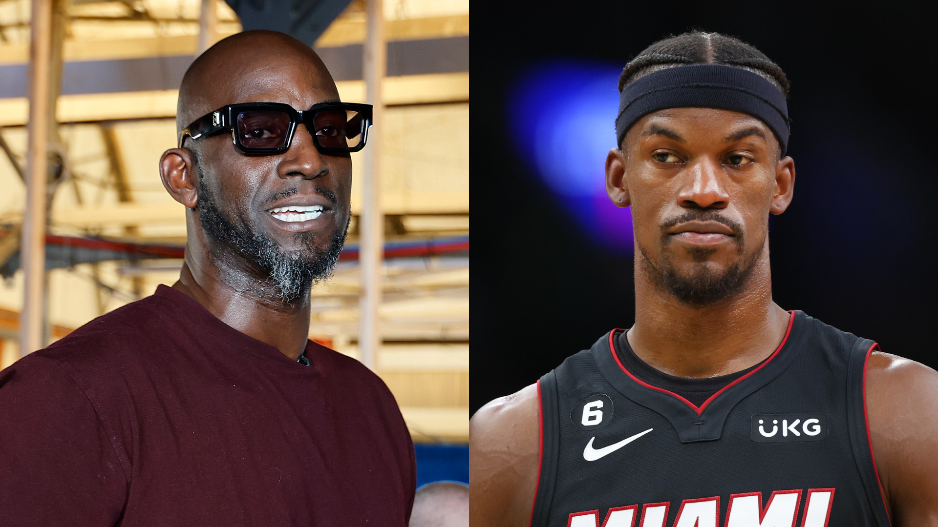 Kevin Garnett wearing sunglasses and a maroon shirt, alongside Jimmy Butler in a Miami Heat jersey.