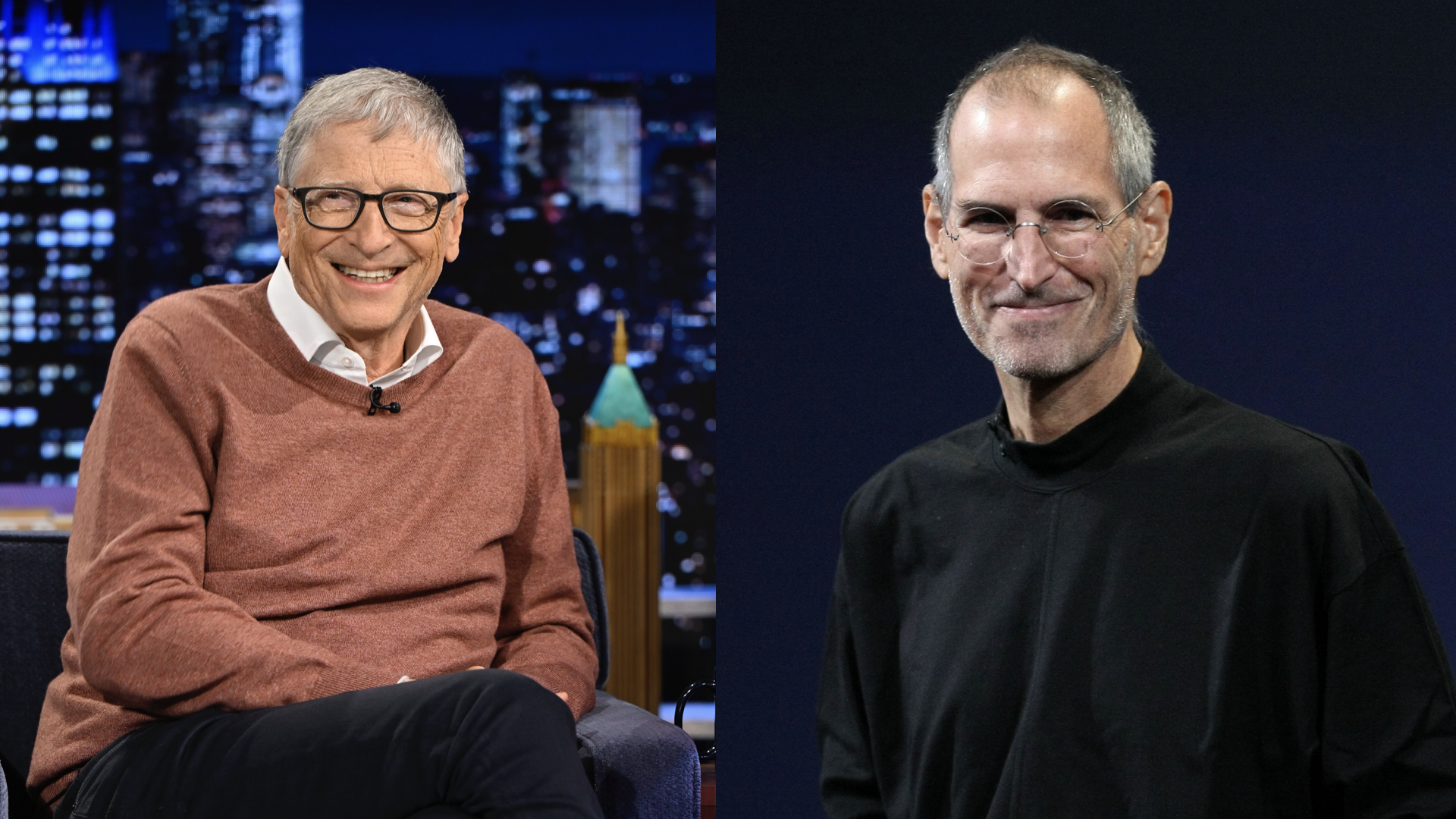 (L) Businessman Bill Gates during an interview on Tuesday, February 4, 2025. (R) Apple CEO Steve Jobs speaks during a special event September 9, 2009 in San Francisco, California.