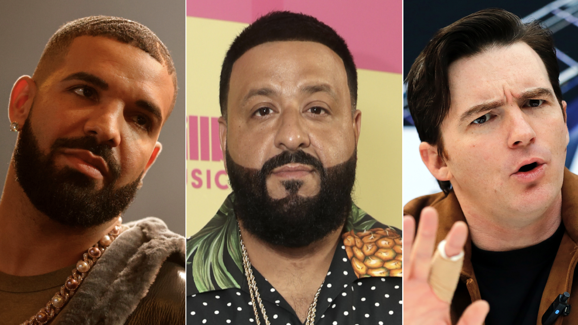 Drake, DJ Khaled, and Drake Bell are pictured. Drake wears a chain, DJ Khaled has a patterned shirt, and Drake Bell gestures with his hand.