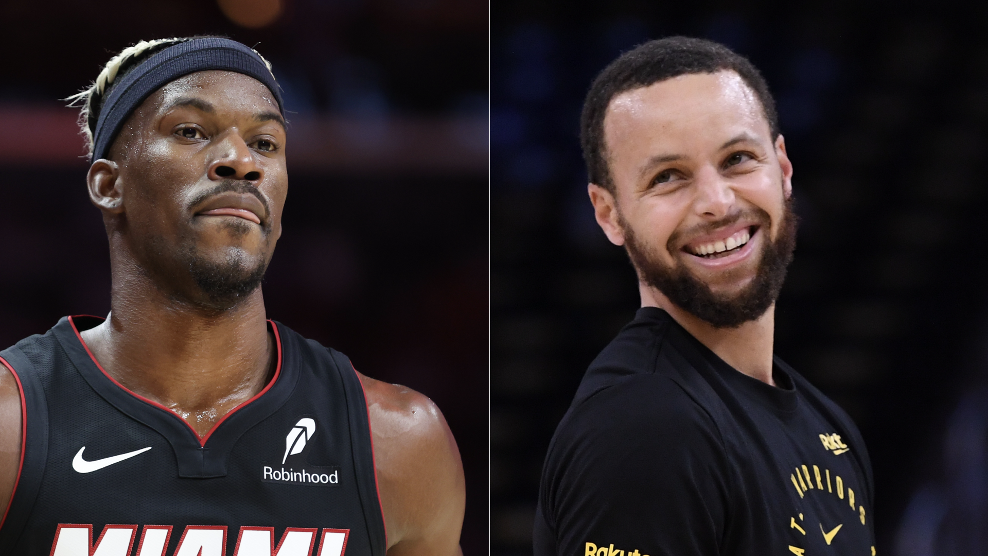 Jimmy Butler in a Miami Heat jersey and Stephen Curry smiling in a Golden State Warriors shirt.