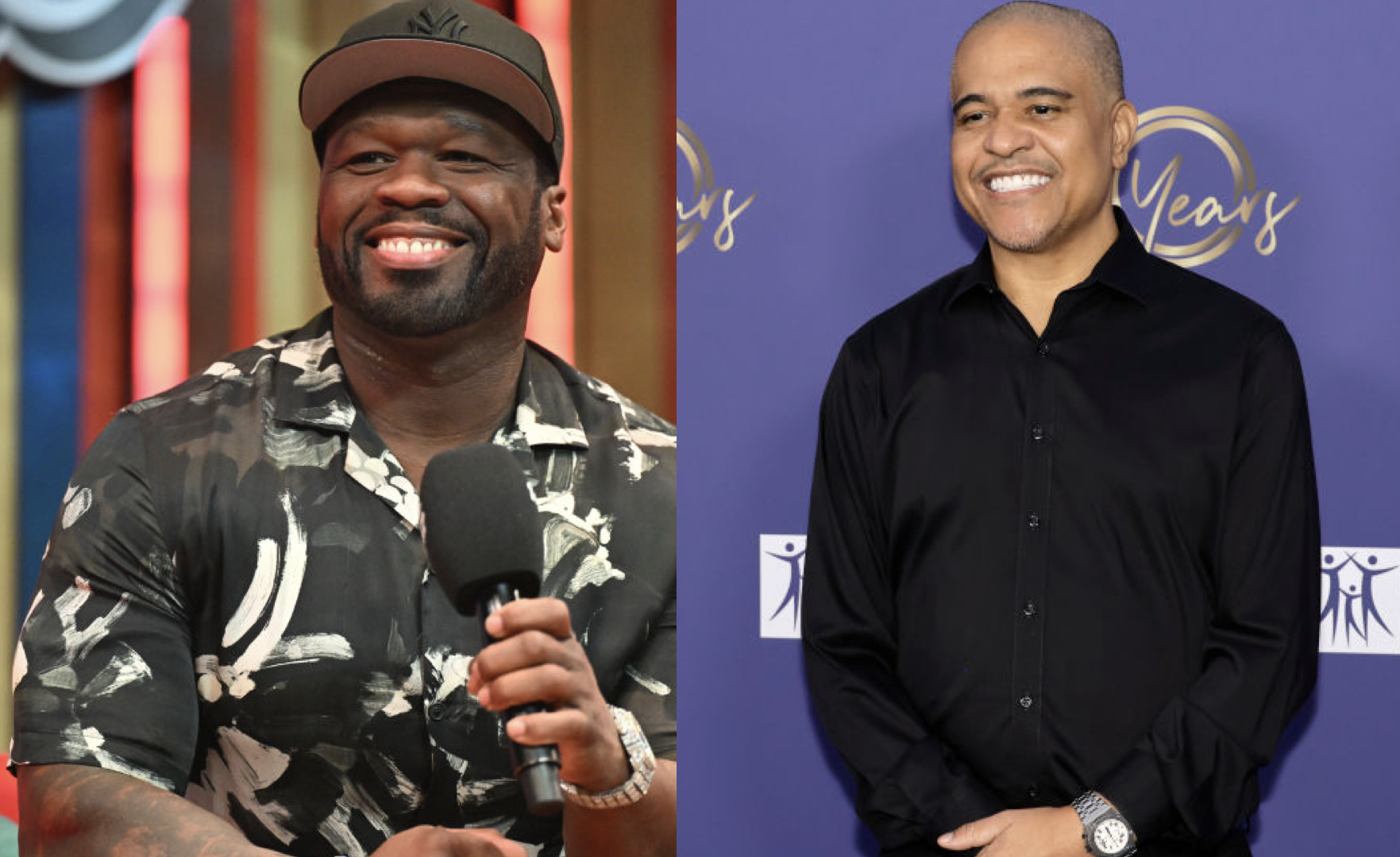 50 Cent, wearing a floral shirt and cap, holding a microphone, and Irv Gotti in a black shirt, smiling against a purple backdrop.