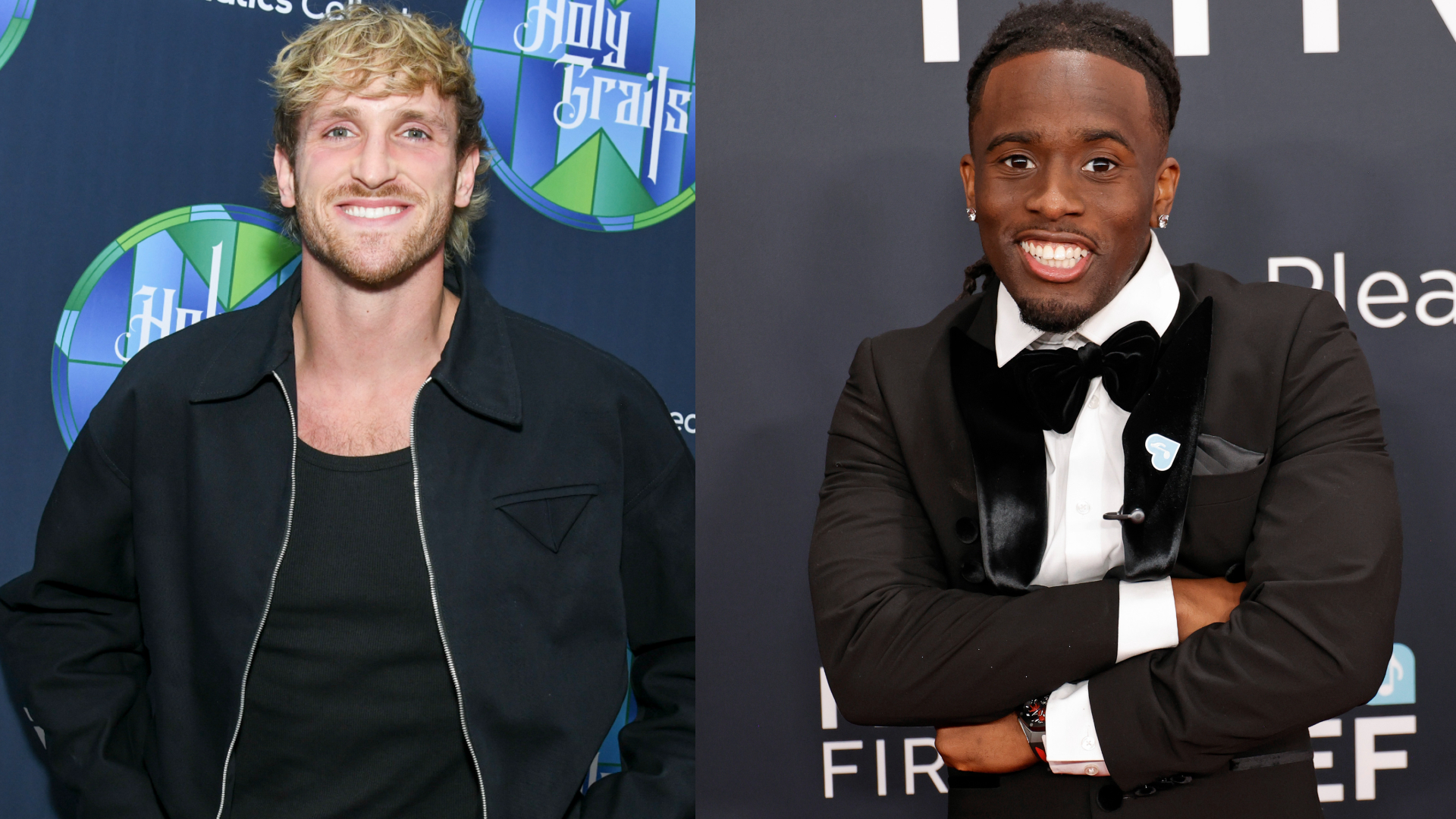 Logan Paul smiling in a black jacket; Kai Cenat in a tuxedo, smiling with arms crossed.