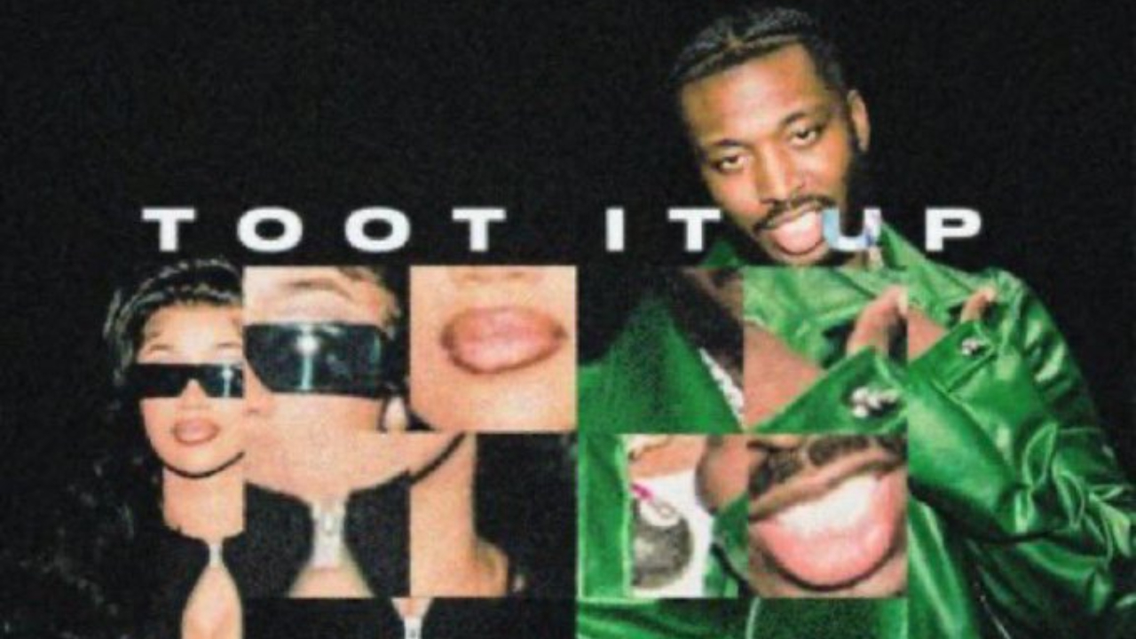 Abstract collage with fragmented images of people, text "TOOT IT UP," and a man in a green jacket smiling in the top right corner.