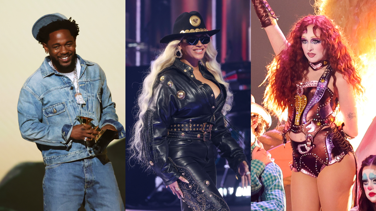 Split image. Left: Kendrick Lamar in denim. Center: Beyoncé in a black leather outfit and hat. Right: Chappell Roan in a red costume performing on stage.