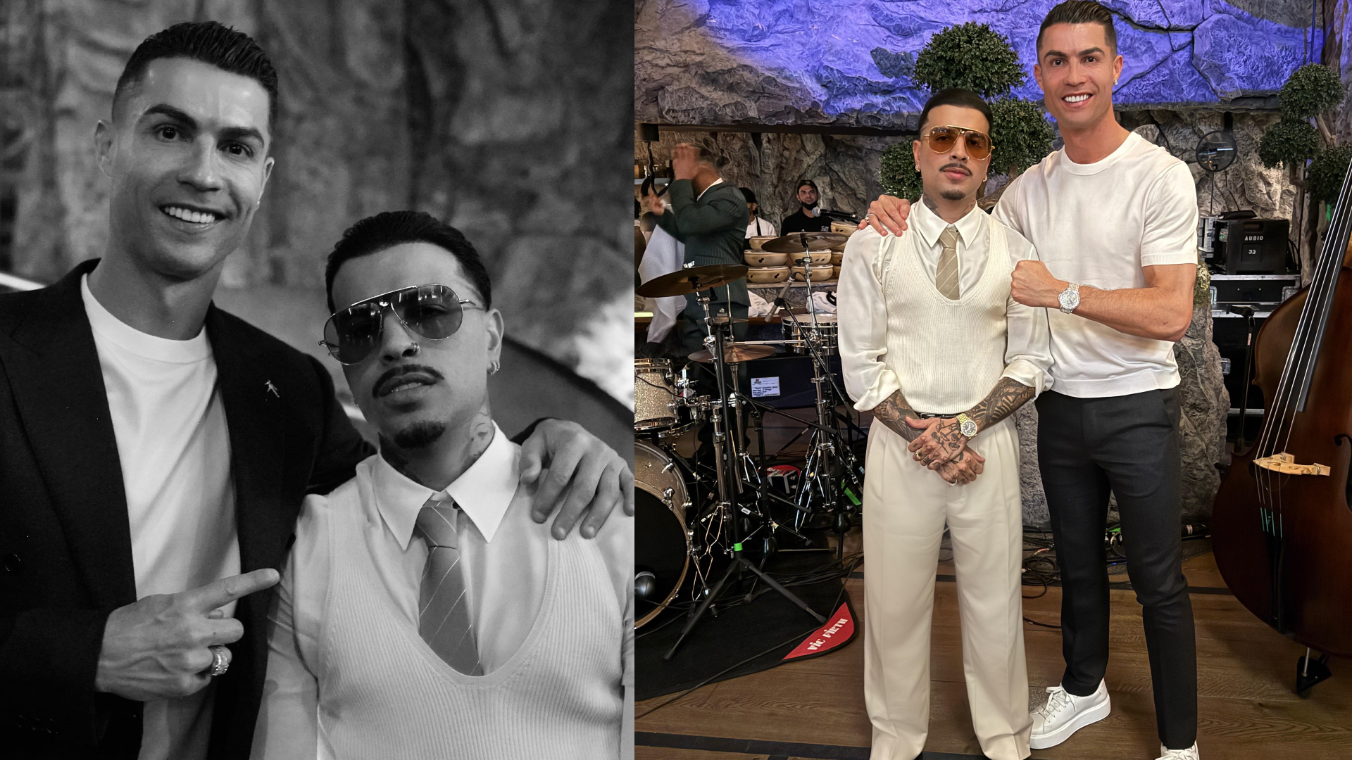 Two photos featuring Cristiano Ronaldo with a Rauw wearing sunglasses and a tie. They are posing together in a casual setting.