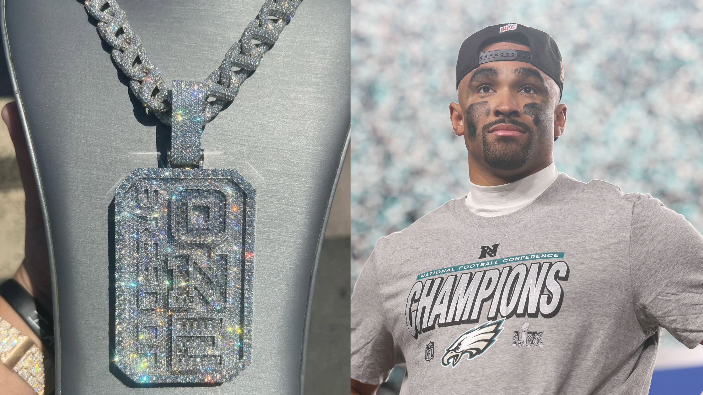 A diamond-encrusted "ONE" pendant on a chain next to a man in a Philadelphia Eagles "Champions" shirt and cap.