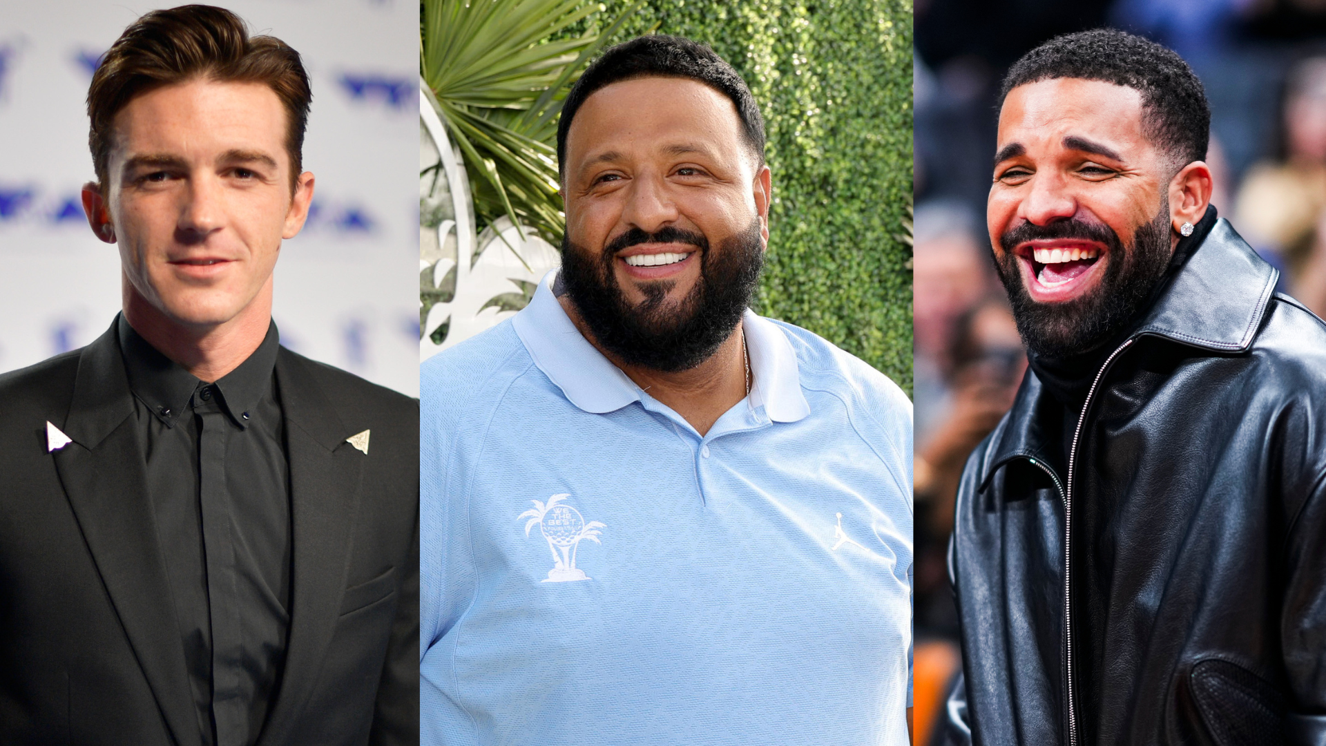 Drake Bell in a suit, DJ Khaled in a blue shirt, and Drake in a leather jacket, all smiling in separate images.