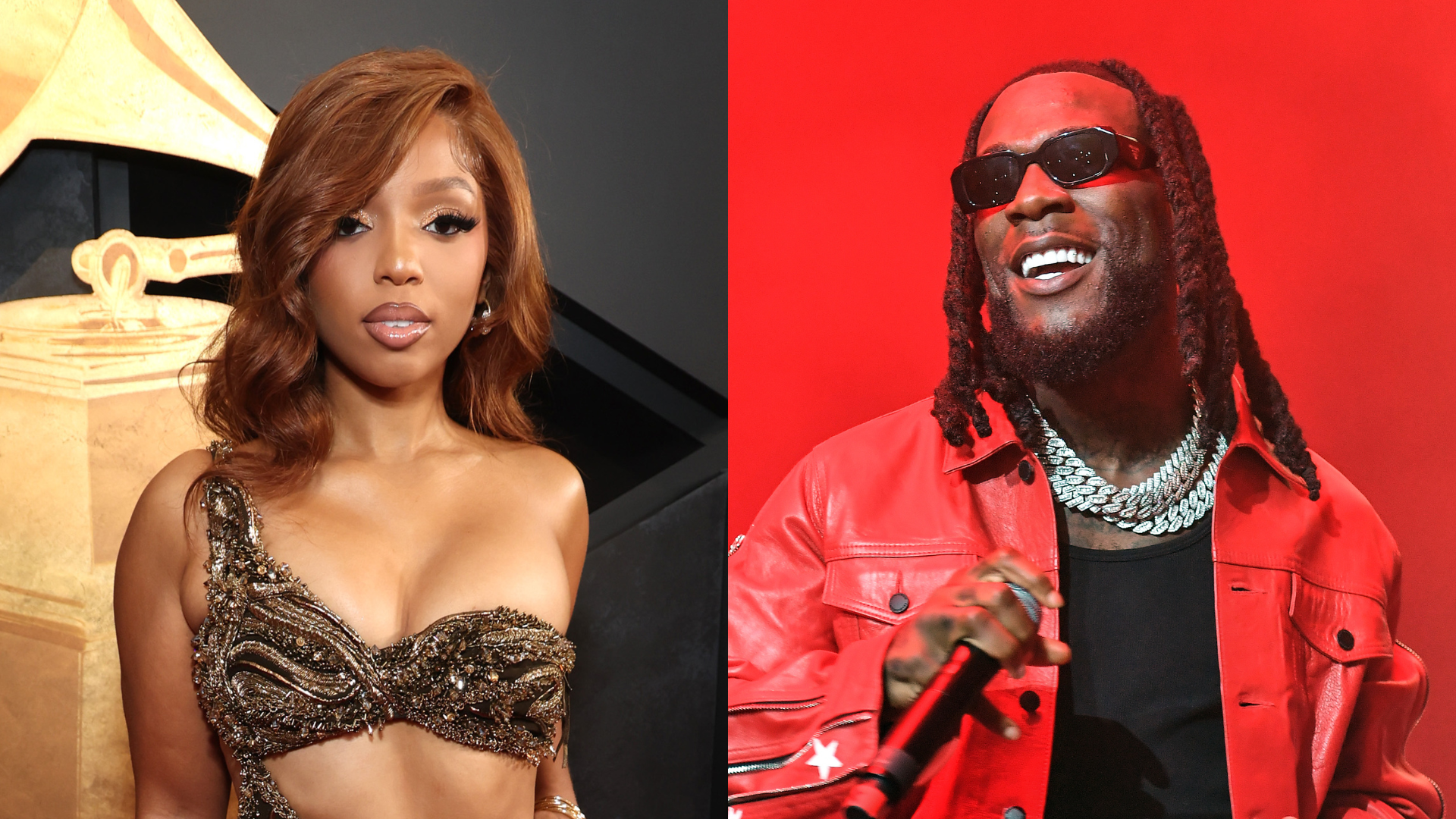 Chloe Bailey in a glamorous dress at an event, and Burna Boy performing in a red jacket with sunglasses.