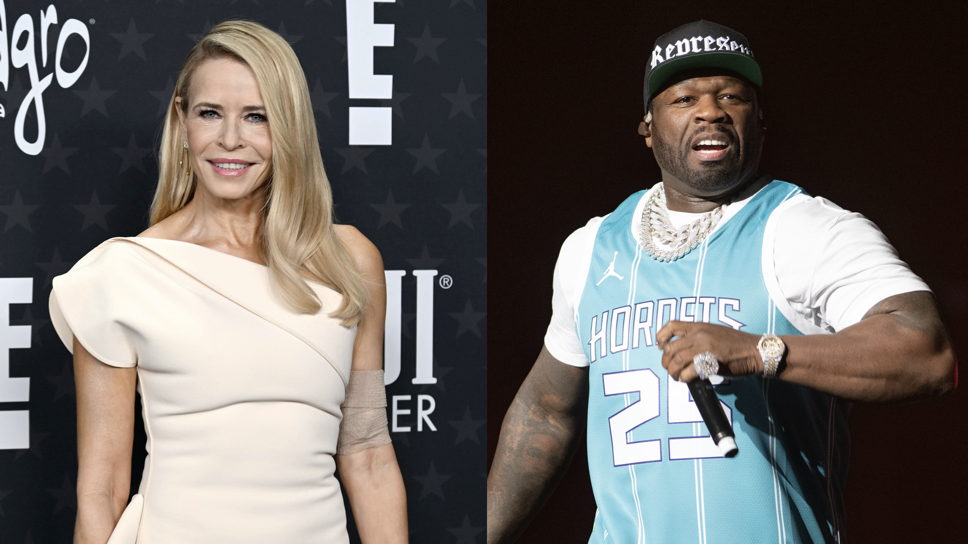 Chelsea Handler attends The 30th Annual Critics Choice Awards on February 7, 2025 at Barker Hangar in Santa Monica, California/50 Cent performs during DaBaby & Friends - Billion Dollar Baby Birthday Bash at Spectrum Center on January 22, 2025 in Charlotte, North Carolina.