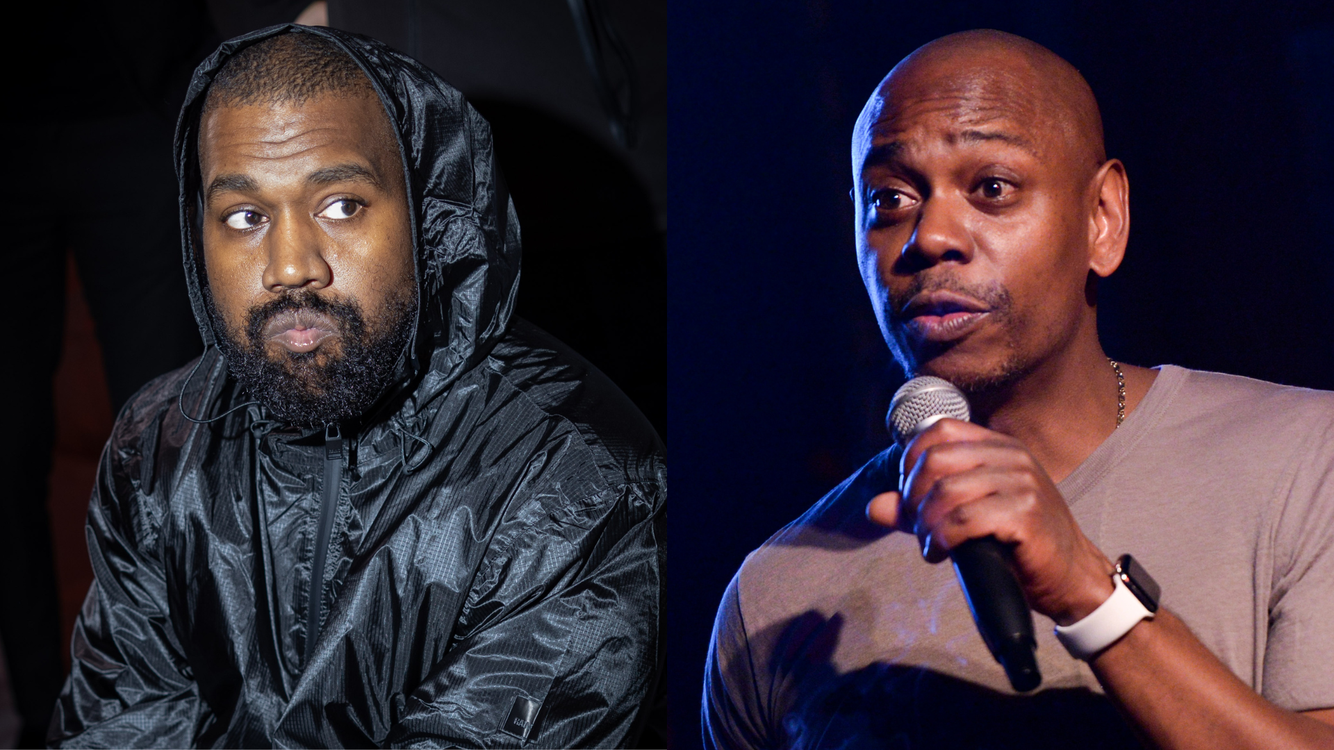 Kanye West in a black jacket and Dave Chappelle holding a microphone, both looking thoughtful.