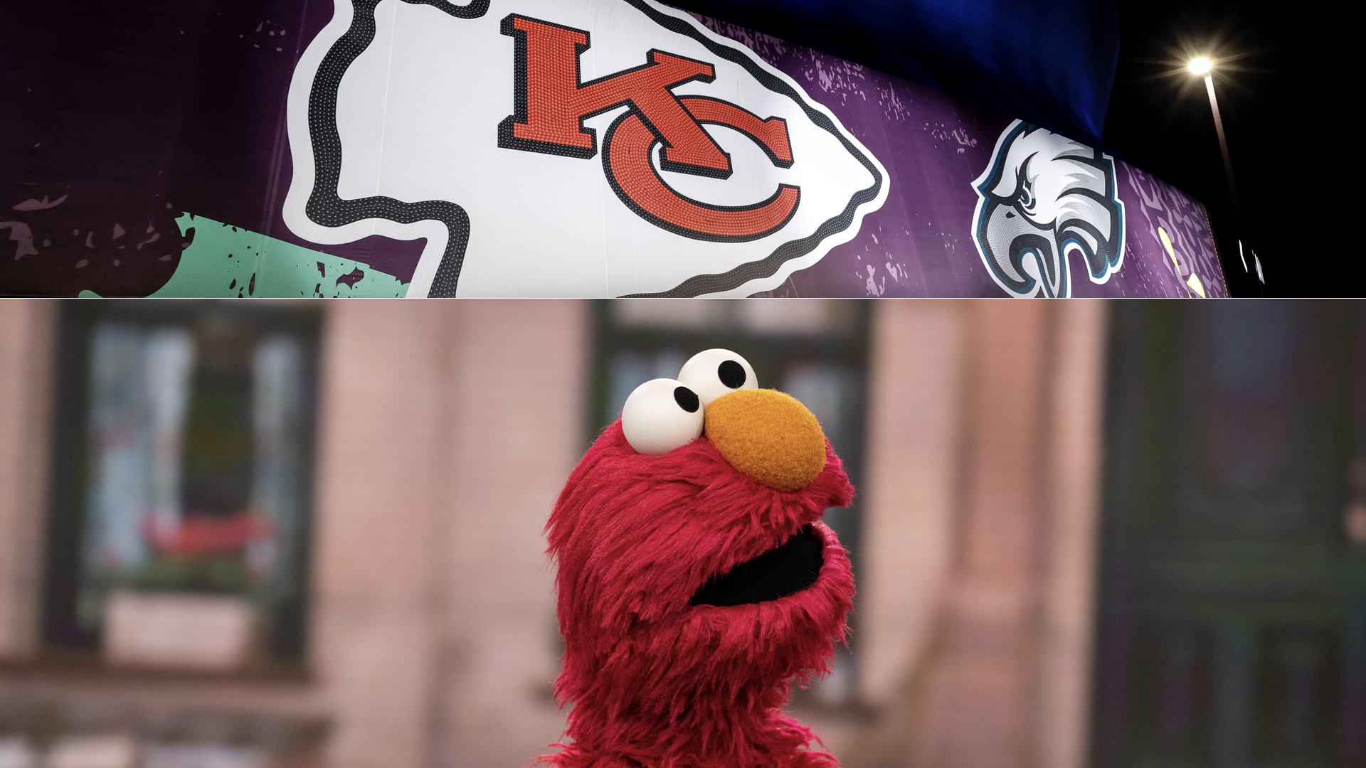 Split image: Top shows Kansas City Chiefs and Philadelphia Eagles logos. Bottom features Elmo from Sesame Street looking upward.