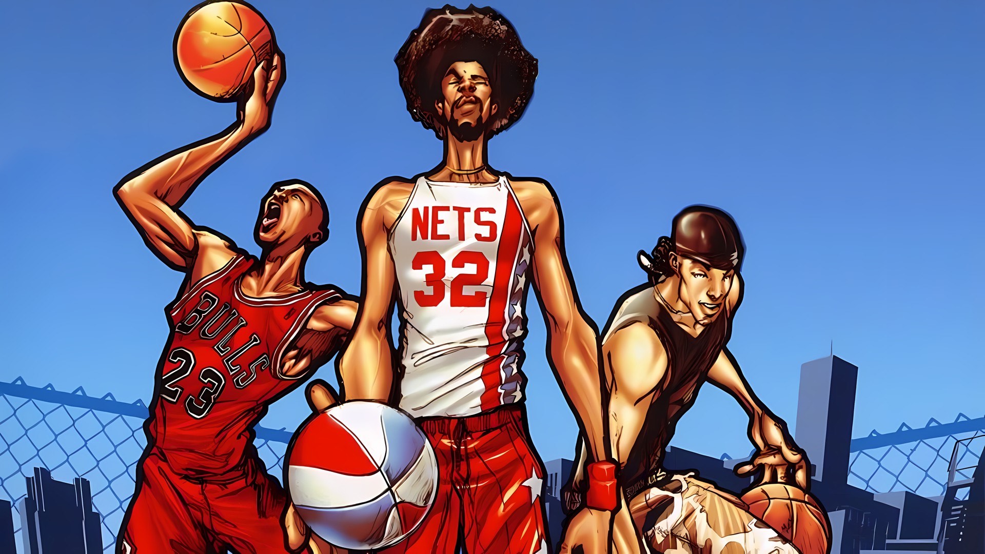 Three basketball basketball players pose with a basketball in three different ways against blue sky with a city scape and metal gate in the background.
