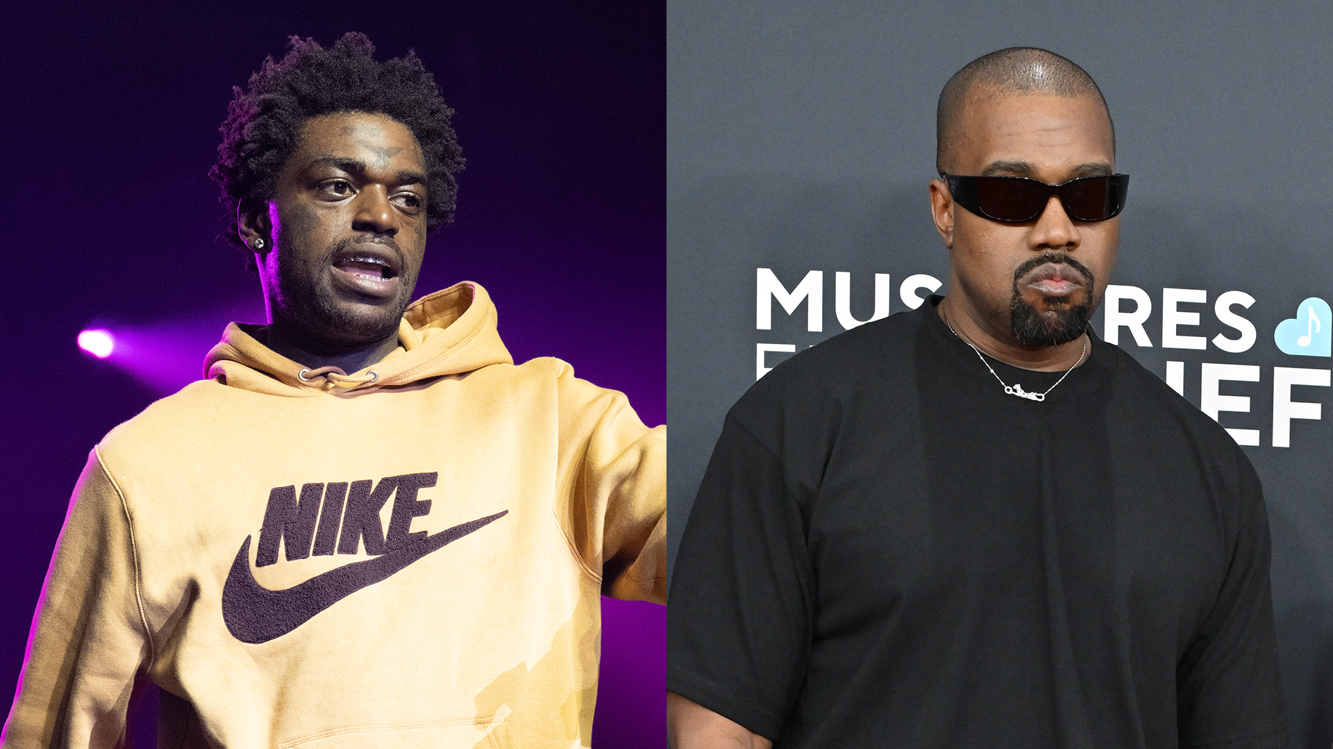 Kodak Black performing live, and the artist formerly known as Kanye West.