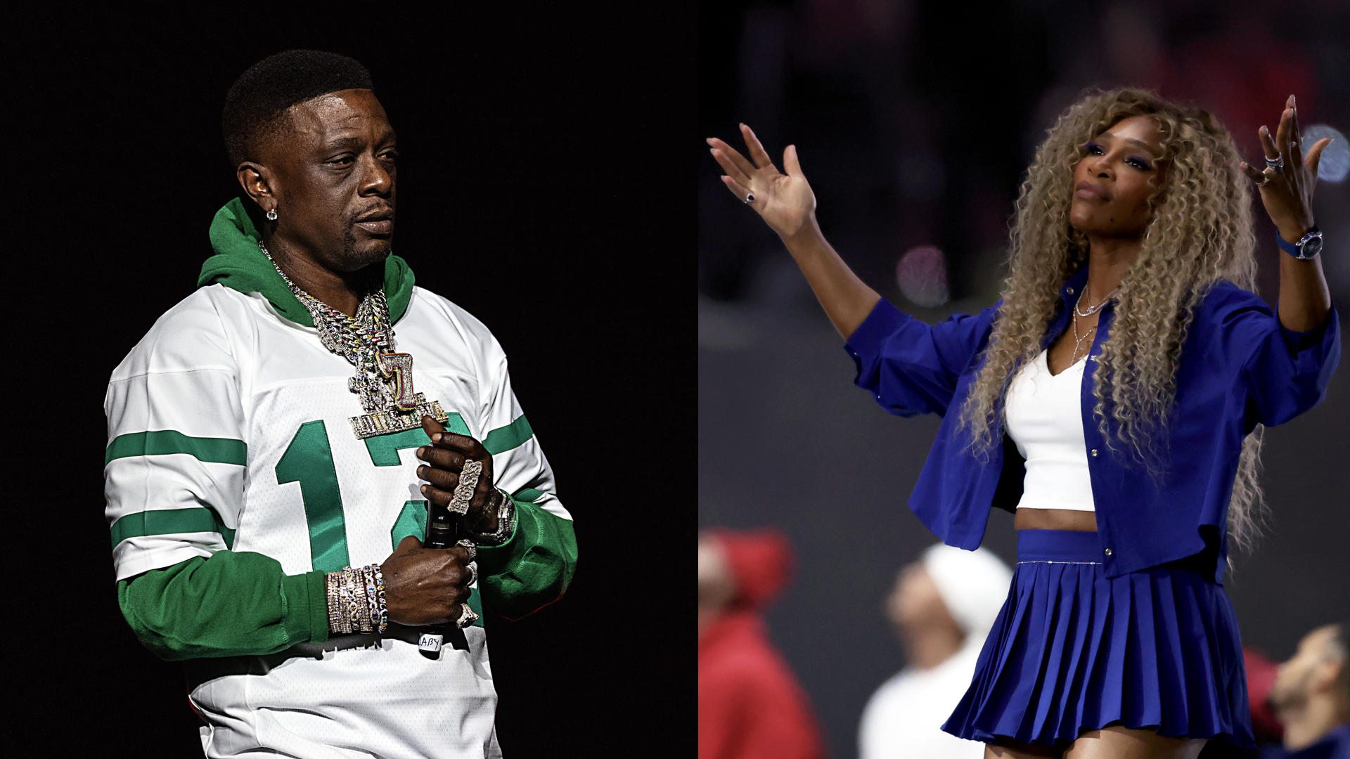 Rapper Boosie Badazz performs at Spectrum Center on January 22, 2025 in Charlotte, North Carolina/Serena Williams performs onstage during Apple Music Super Bowl LIX Halftime Show at Caesars Superdome on February 09, 2025 in New Orleans, Louisiana.