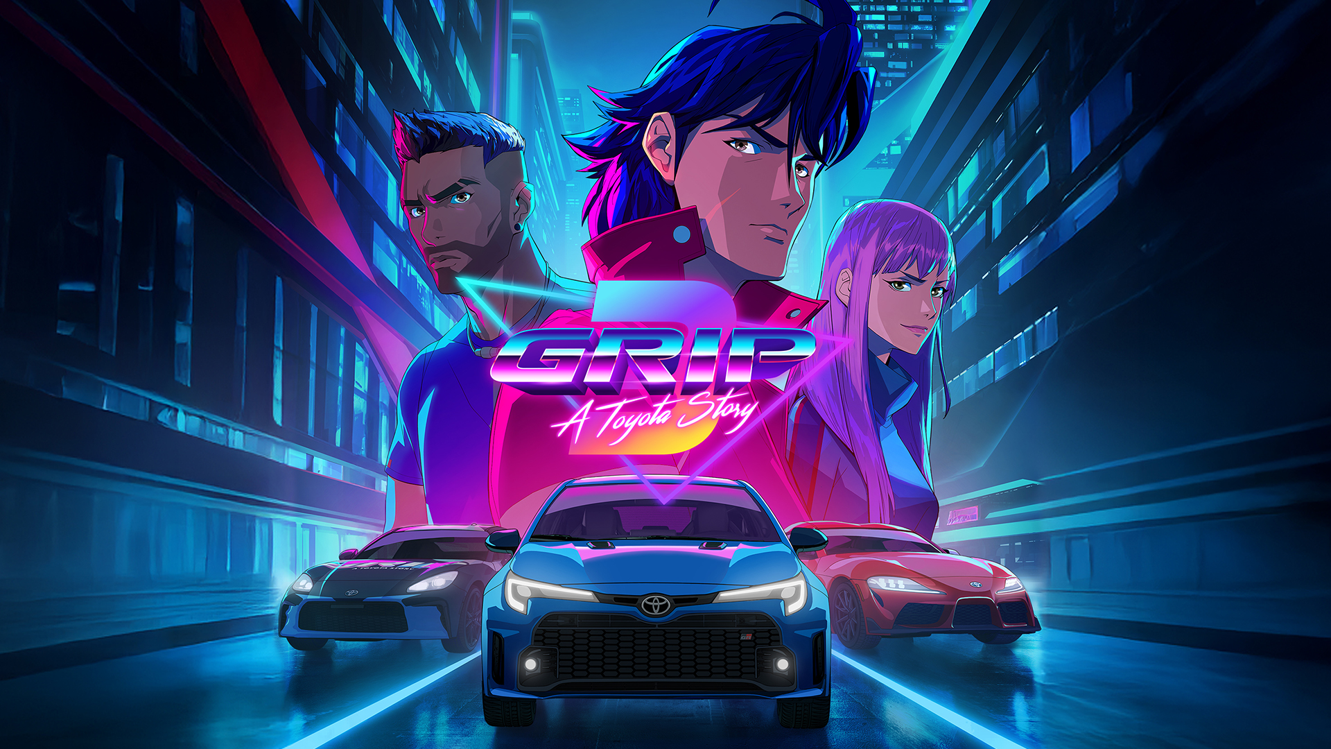 Anime-style poster for "Grip: A Toyota Story" featuring three characters and three Toyota cars in a neon-lit cityscape.