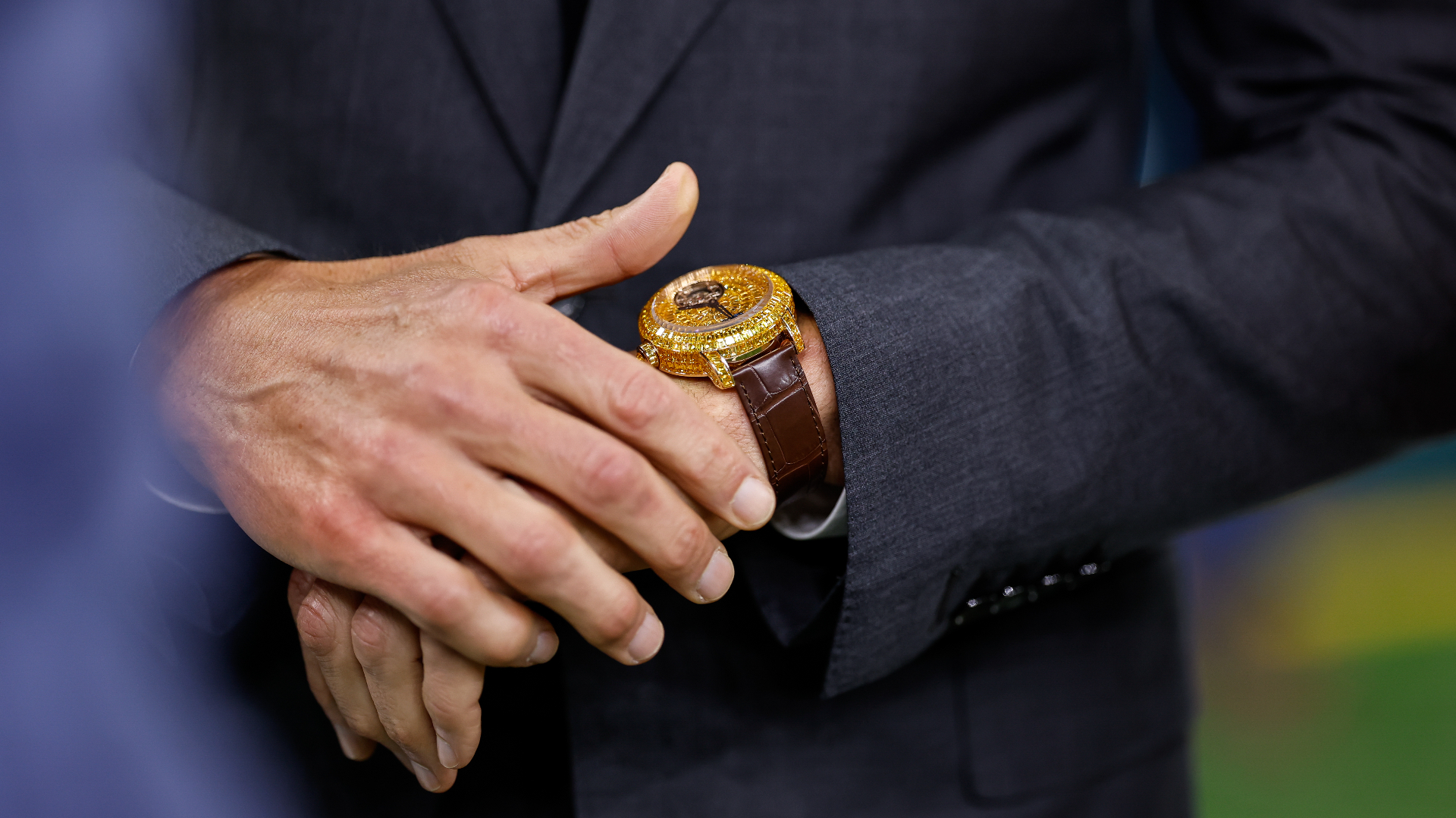 A close-up shot of watch worn by Tom Brady at Super Bowl LIX.