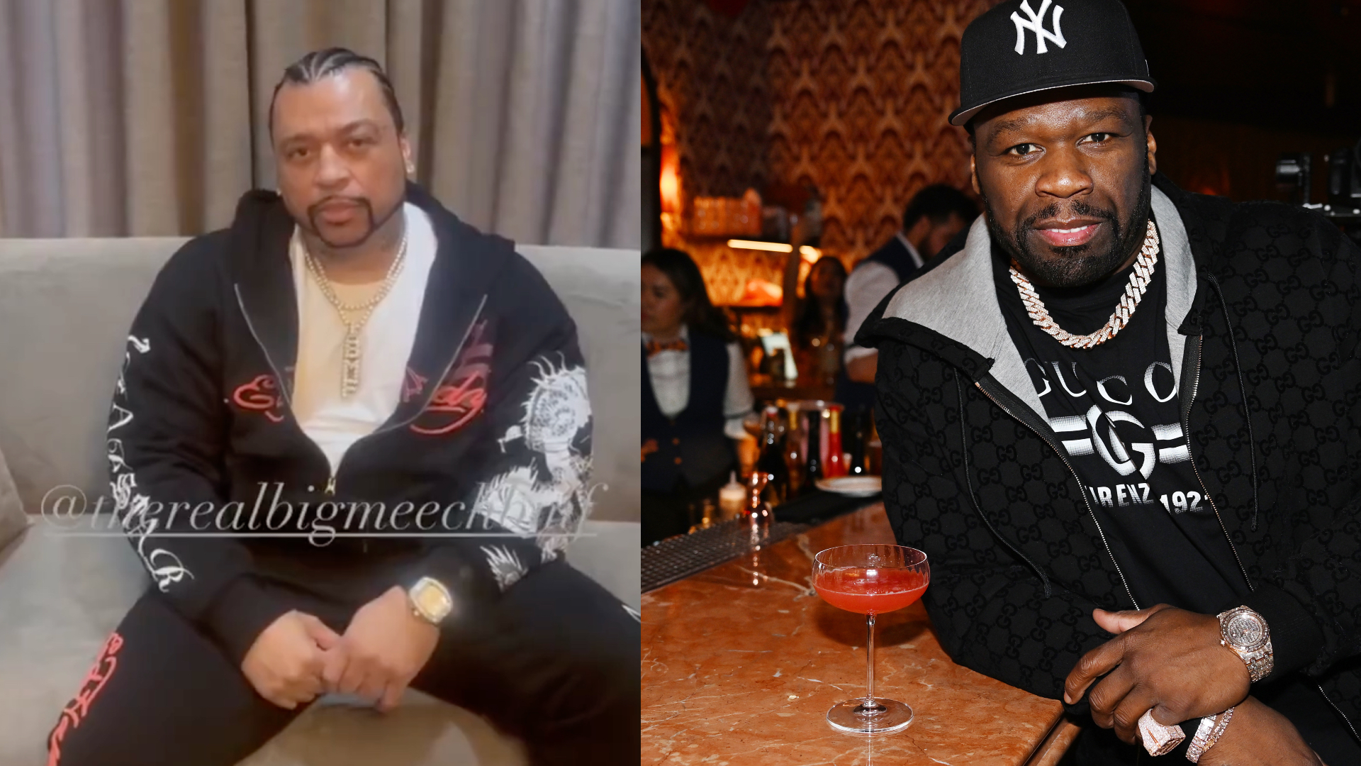 Two men are in the image. On the left, a man is seated wearing a black outfit with gold jewelry. On the right, 50 Cent is at a bar wearing a black jacket and a cap.