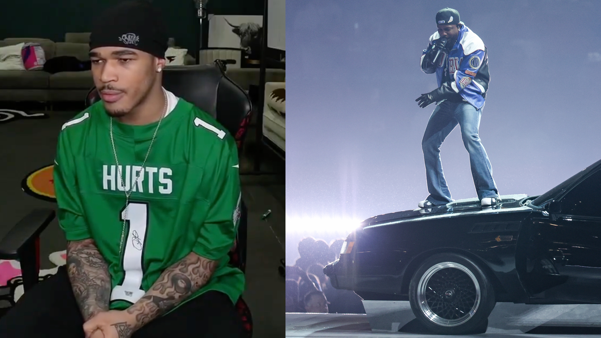 A person in a green "Hurts" jersey sits indoors on the left. On the right, a performer stands on a car, wearing a jacket and cap, in a concert setting.