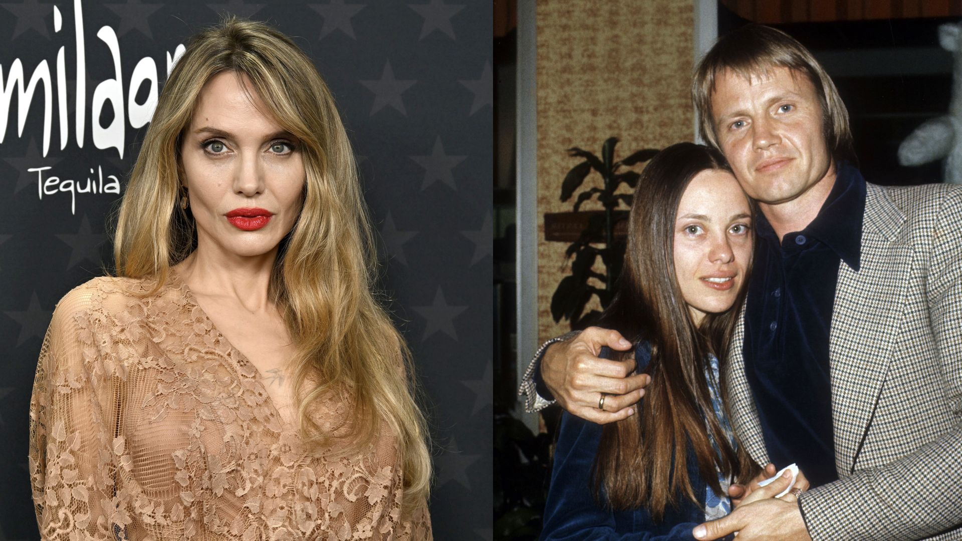 Angelina Jolie attends The 30th Annual Critics Choice Awards on February 7, 2025 at Barker Hangar in Santa Monica, California/Actor Jon Voight and his second wife Marcheline Bertrand pose for a portrait in 1977. Bertrand and Voight are the parents of actress Angelina Jolie.