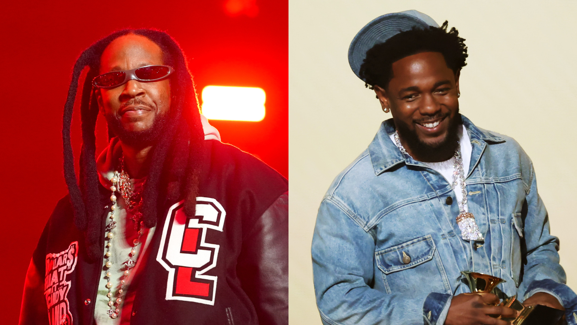 2 Chainz in a red-lit setting wearing sunglasses and a jacket with patches; Kendrick Lamar in denim, holding a Grammy award, smiling.