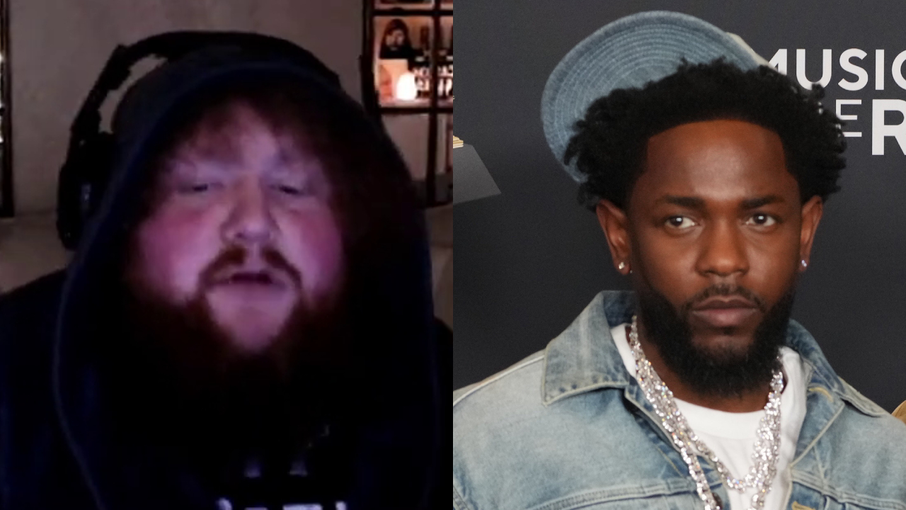(L) Twitch streamer CaseOh, with a beard and hoodie. (R) Kendrick Lamar in a denim jacket and hat on the right.