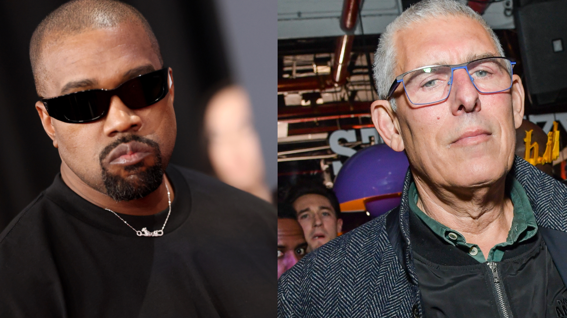 Kanye West wearing sunglasses and a black shirt on the left; Lyor Cohen with glasses and a patterned coat on the right.