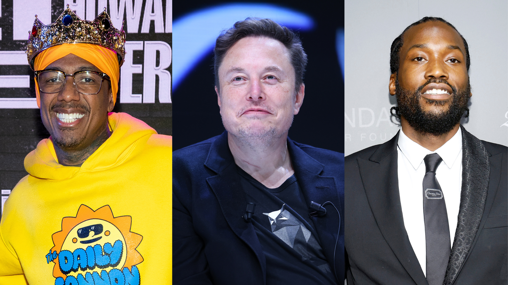 Nick Cannon in a yellow hoodie and crown, Elon Musk in a dark suit, and Meek Mill in a suit and tie, smiling.