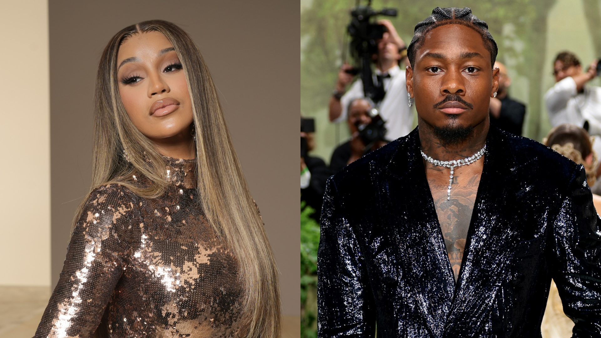 Cardi B in a shimmering dress with long hair; Stefon Diggs in a dark suit with braided hair and necklace at an event.